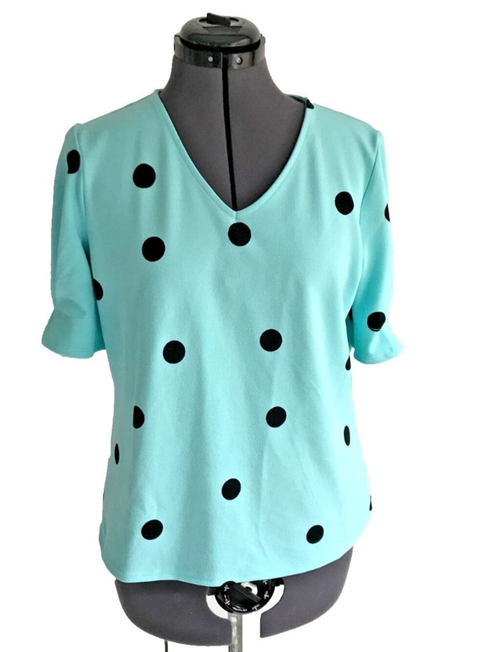 Worthington Petite Mint Green Light Turquoise Polka Dot Top, Size PM